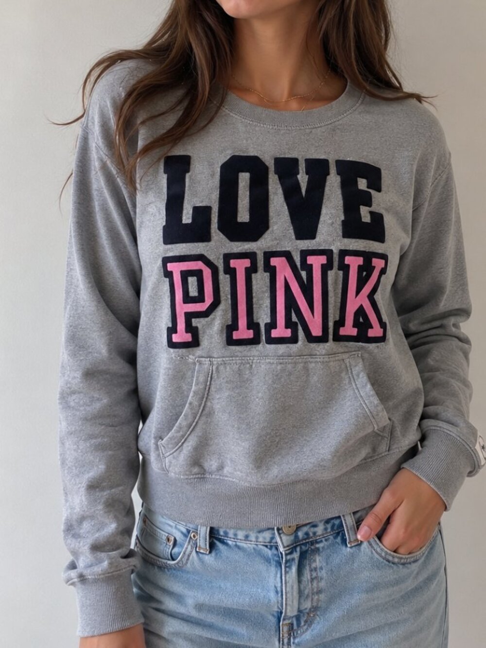 Vintage Victoria's Secret PINK 'LOVE PINK' Gray Sweatshirt With Velvet Letters